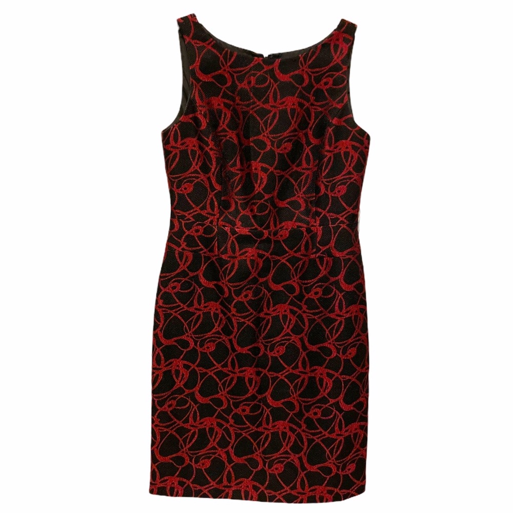 ANTONIO MELANI Black Midi Dress with Red Lace Pattern
